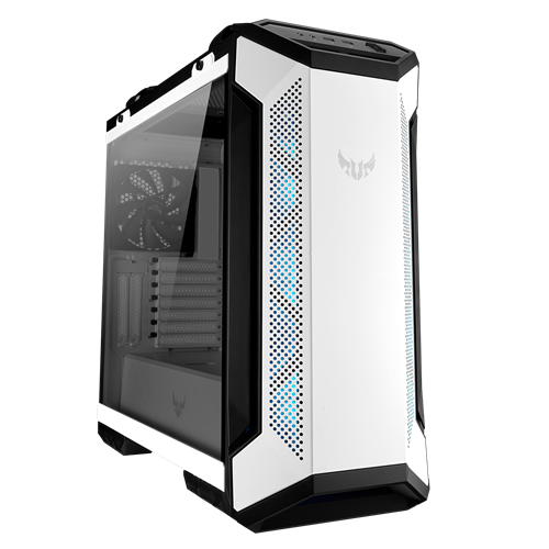 ASUS TUF Gaming GT501 White Edition case supports up to EATX with metal front panel, tempered-glass side panel, 120 mm RGB fan, 140 mm PWM fan, radiator space reserved, and USB 3.1 Gen 1