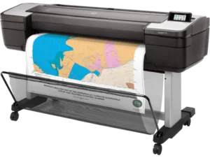 HP DesignJet T1700 44-inch large format plotter printer - front angle view with printed drawing output.