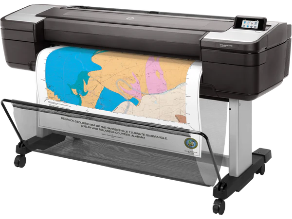 HP DesignJet T1700 44-inch large format plotter printer - front angle view with printed drawing output.