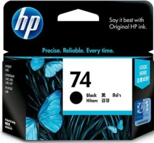 HP 74 Black Original Ink Cartridge (CB335WA) - Black - Retail box front view.