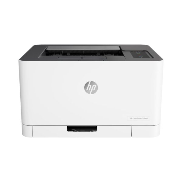 HP Color Laser 150nw (4ZB95A) printer in white front view showing output slot and control panel.