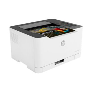 HP Color Laser 150nw wireless printer compact angled view with printed page on top output area.
