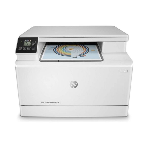 HP Color LaserJet Pro MFP M182n Printer (7KW54A) - White - Angled front view on white background.