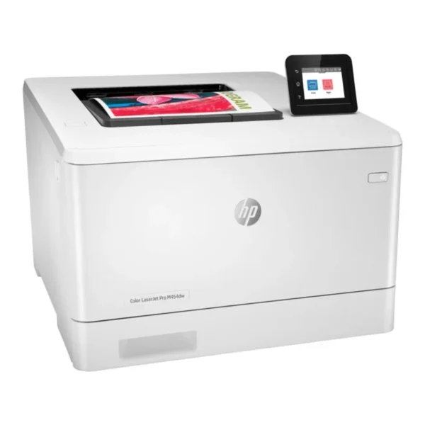 HP Color LaserJet Pro M454dw (W1Y45A) in white front angle view showing top output tray and touchscreen.