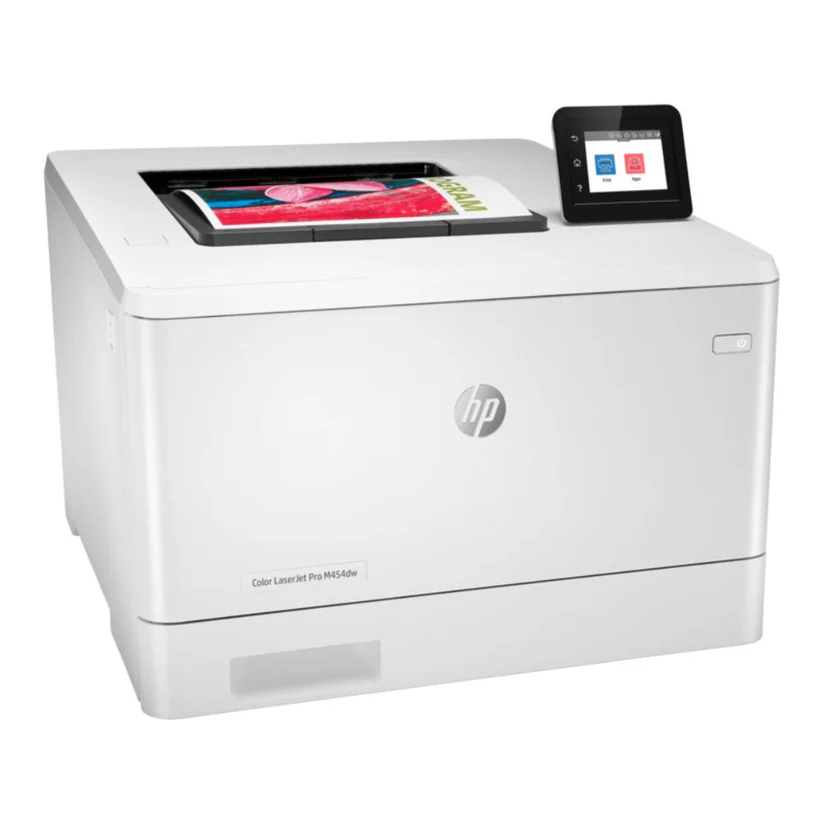 HP Color LaserJet Pro M454dw (W1Y45A) in white front angle view showing top output tray and touchscreen.