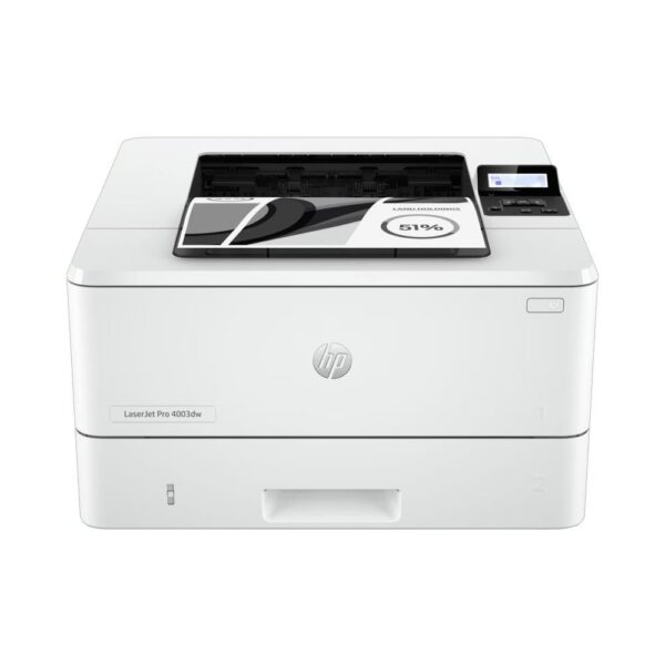 Front view of HP LaserJet Pro 4003dw (2Z610A) monochrome laser printer with output tray and sample page, Pakistan