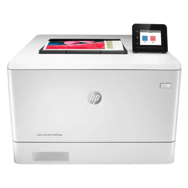 HP Color LaserJet Pro M454dw (W1Y45A) white front view showing HP logo, output tray, and 2.7-inch touchscreen.