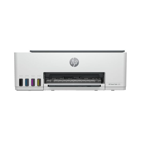 Front view of HP Smart Tank 520 all-in-one printer with refillable ink tanks