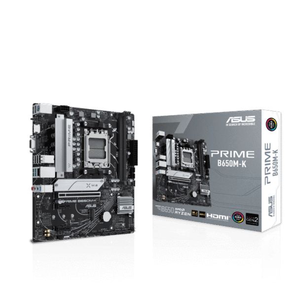 AMD B650 Micro-ATX motherboard with DDR5, PCIe 5.0 M.2, 2.5Gb Ethernet, HDMI™, VGA, rear USB 3.2 Gen 2, front USB 3.2 Gen 1 Type-C®, BIOS FlashBack™, Aura Sync