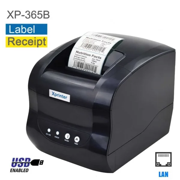 XPrinter XP-365B 3-inch thermal label printer 203 DPI with USB + LAN, Pakistan