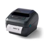 Zebra GX420D Desktop Printer front side showing paper comming out of printer