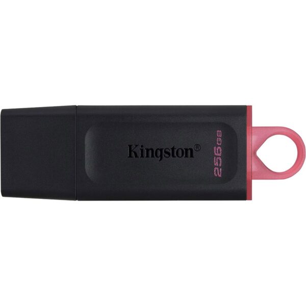 Kingston DataTraveler Exodia 256GB USB flash drive with black body and pink keyring loop on white. Image name.