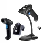 Speed-X 8700 2D Wireless Barcode Scanner - Black - Product kit view with stand and USB receiver.