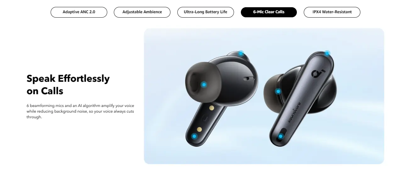 Anker Soundcore Liberty 4 NC True-Wireless Earbuds - Black - Six-microphone clear calls feature graphic view.