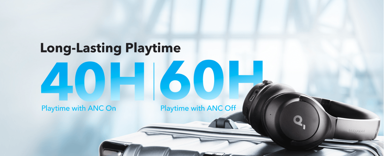Anker Soundcore Q20i Hybrid ANC Headphones (A3004) - Black - Battery playtime graphic with headphones on luggage.