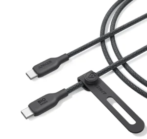 Anker braided USB-C to USB-C bio-based charging cable in black with cable strap (close-u