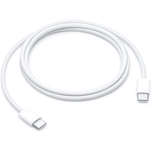 Apple 60W USB-C to USB-C Charge Cable (1 m) - White - Coiled woven cable with USB-C connectors on both ends.
