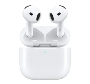 White wireless earbuds resting in an open charging case with a visible green indicator light on a white background.