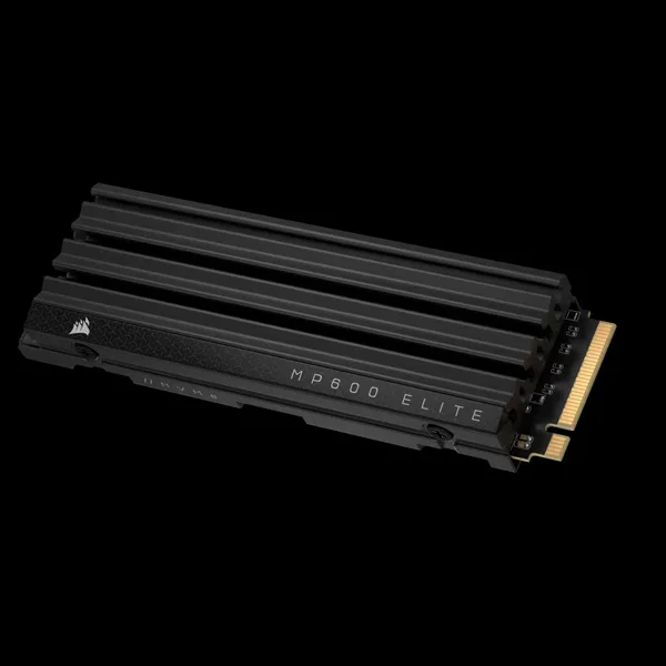 Corsair MP600 Elite 2TB Gen4 NVMe M.2 SSD with heatsink, angled view showing finned heatspreader.