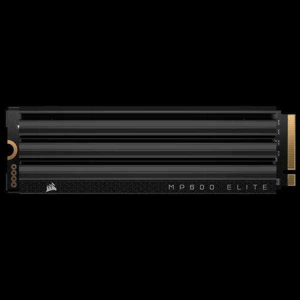 Corsair MP600 Elite 2TB PCIe Gen4 x4 NVMe M.2 2280 SSD with built-in heatsink, top view.