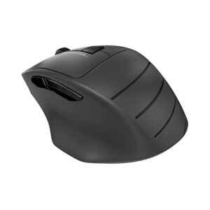 A4Tech FG30S black wireless mouse showing ergonomic curved design and side grip from an angled view.