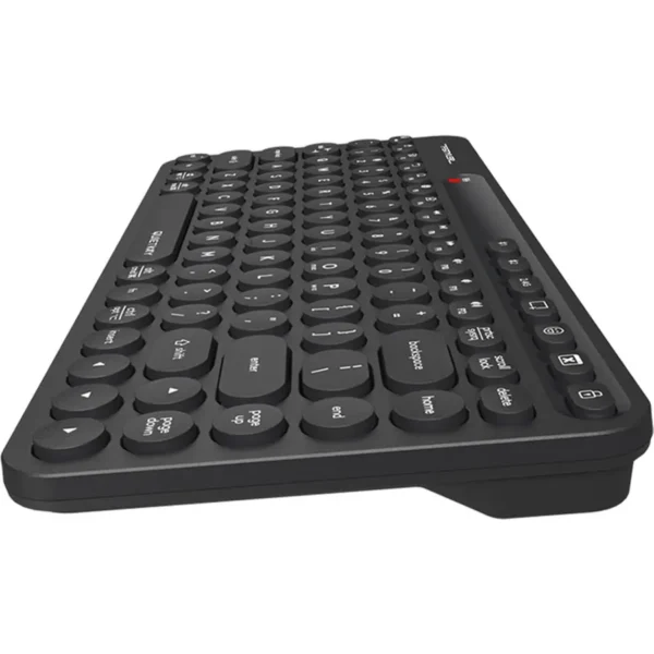 Side angle view of A4Tech Fstyler FBK36C AS rechargeable wireless keyboard showing slim profile and round keys.