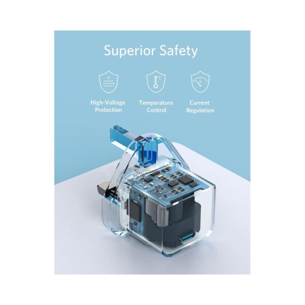 Anker 312 Charger (20W II) safety features showing high-voltage protection, temperature control and current regulation