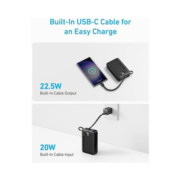 Anker 335 power bank with built-in USB-C cable showing 22.5W output and 20W input (A1647)