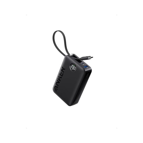 Anker 335 Powerbank PowerCore 22.5W in black angled view showing display, ports, and built-in USB-C cable.