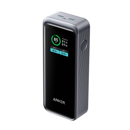 Anker Prime 12,000mAh 130W power bank with smart digital display, front view (grey).