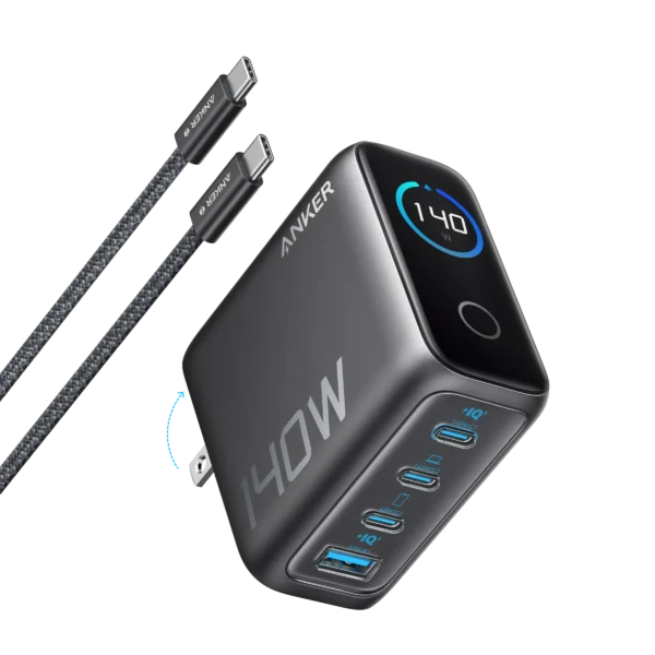 Anker Prime Charger 140W B2697 GaN with smart display, 3 USB-C ports and 1 USB-A port, includes USB-C cables