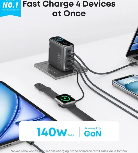Anker Prime 140W GaN 4-port charger B2697 charging multiple devices at once (laptop, phone, smartwatch)