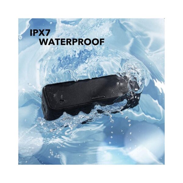 Anker Soundcore 3 portable speaker in water splash demonstrating IPX7 waterproof protection for outdoor use.