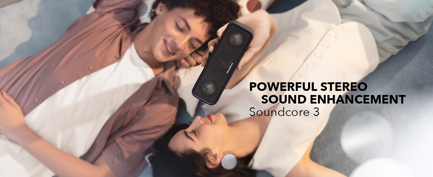 Banner image of Soundcore 3 with two people relaxing, emphasizing powerful stereo sound enhancement.