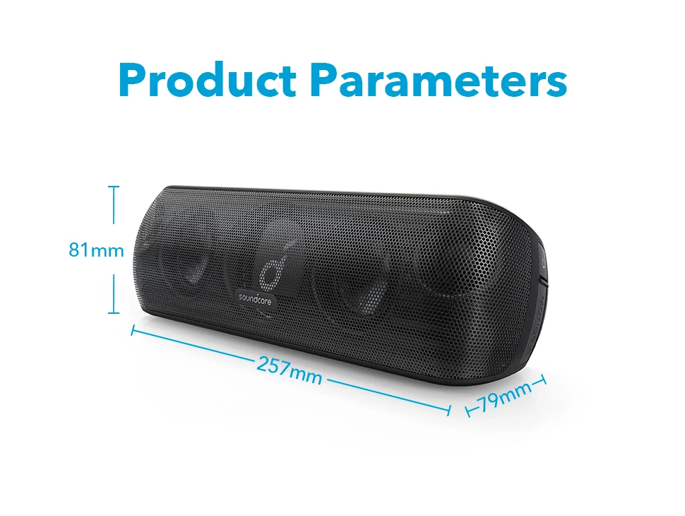 Soundcore Motion+ speaker dimensions 257mm x 81mm x 79mm graphic