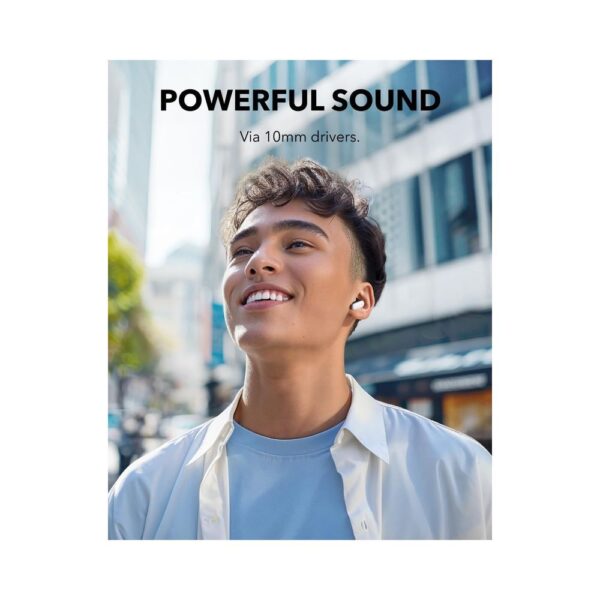 Anker Soundcore P30i Wireless Earbuds (A3959) - White - Lifestyle wearing view outdoors.