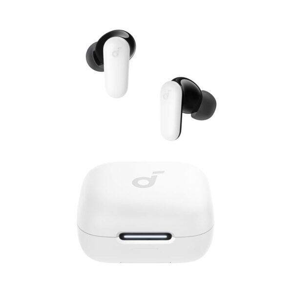 Anker Soundcore P30i Wireless Earbuds (A3959) - White - Earbuds with charging case front view.