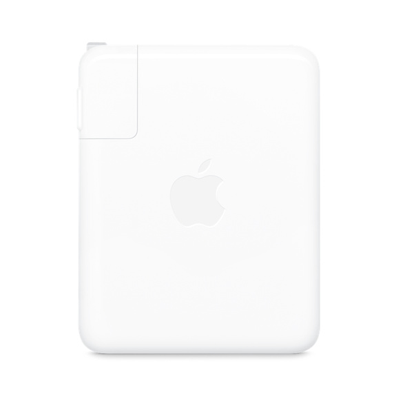 Apple 140W USB-C Power Adapter (MLYU3) - White - Front view of the square Apple power adapter with Apple logo.