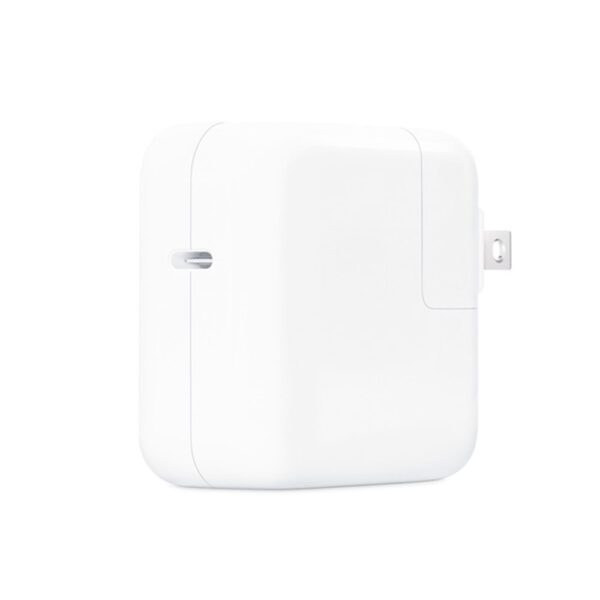 Apple USB-C 96W Power Adapter - White - Front view showing compact square charger body and plug.