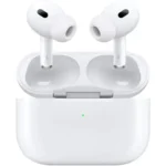 Apple AirPods Pro 2 shown in white charging case with silicone ear tips and in ear design.