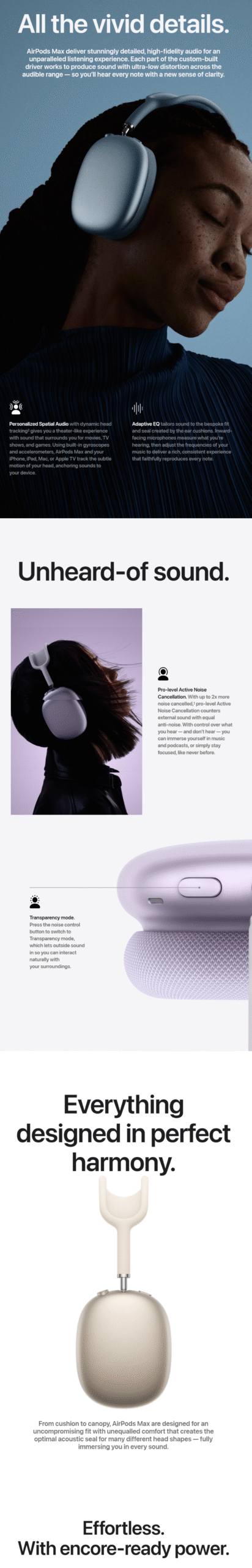 Apple AirPods Max USB C with Active Noise Cancellation shown worn by a listener. Marketing text highlights vivid detail, immersive sound, and all day comfort.