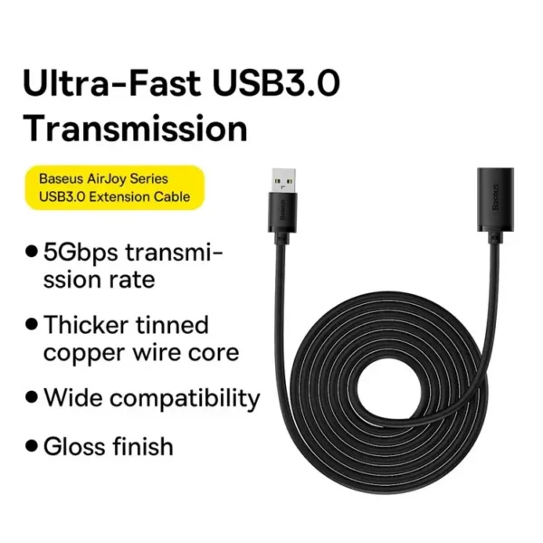 Baseus AirJoy Series USB3.0 Extension Cable - Cluster Black - Feature graphic highlighting 5Gbps and tinned copper core.