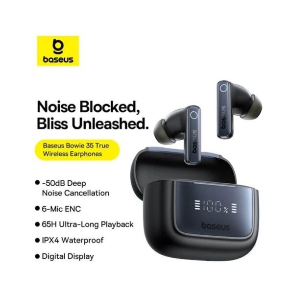 Baseus Bowie 35 true wireless earphones with digital display case, highlighting up to -50dB ANC, 6-mic ENC, 65-hour playback and IPX4.