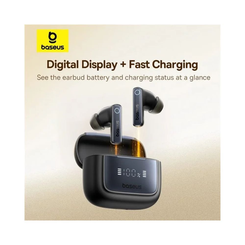 Baseus Bowie 35 earbuds with charging case showing digital battery display and fast charging status.