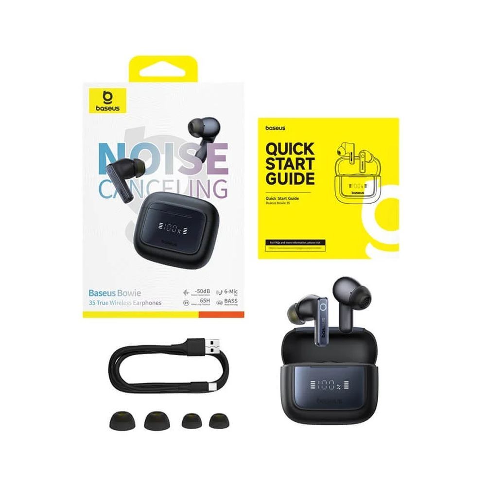Baseus Bowie 35 in-box contents showing charging case, earbuds, USB cable, ear tips and quick start guide.