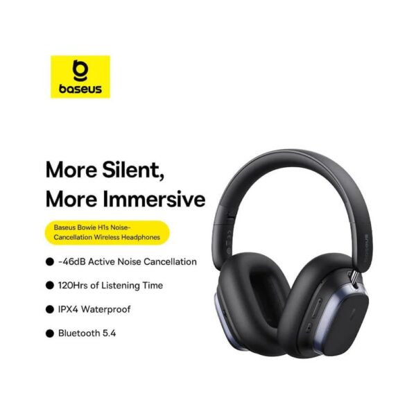 Baseus Bowie H1s over-ear ANC headphones features: up to -46 dB ANC, Bluetooth 5.4, 120 hours battery, IPX4