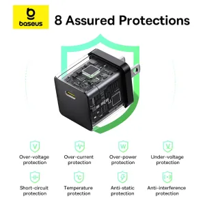 Baseus Palm Series 30W USB-C charger safety graphic showing 8 assured protections and internal components, detail view.