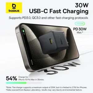 Baseus Palm 30W USB-C PD charger graphic showing fast charging support for compatible devices, angled product view.