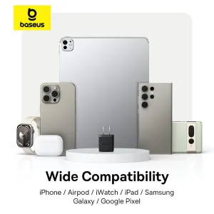 Baseus Palm Series 1C 30W USB-C charger wide compatibility graphic with phones, tablets and wearables, usage view.