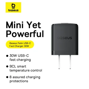 Baseus Palm Series 1C 30W charger retail packaging showing product image and fast charging details, box view.